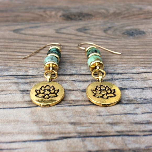 Lotus earrings with African Turquoise, healing jewelry, 14k gold filled - Picture 4 of 7